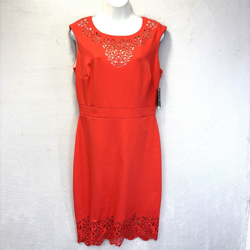 NWT Sangria Laser Cut Sheath Dress Womens 8 Red Knee Length Party Office Stretch